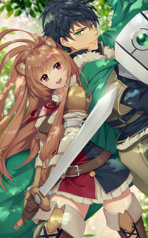 Raphtalia og Naofumi rygg-mot-rygg-bilde som holder våpnene sine bakgrunnsbilde. — Galaxy Tab Bakgrunner