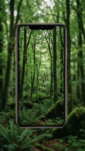 iPhone X som reflekterer skogbakgrunn.