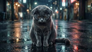 En ensom grå katt i regnet — Animekatt Bakgrunner