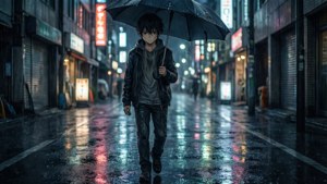 En trist anime-gutt går alene på en regnvåt bygate om natten og blir gjennomvåt.