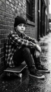 Moody svart-hvitt skatergutt som hviler mot en murvegg i regnet. — Skater boy estetikk Bakgrunner