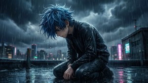 En trist anime-gutt kneler på et tak i regnet, med bøyd hode, midt i et stormfullt bybilde. — Trist anime GIF Bakgrunner
