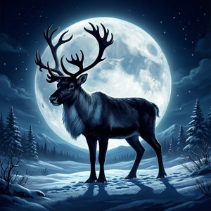 Silhuett av en rein under fullmåne i snørik natt. — Estetisk jul Bakgrunner