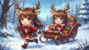 Chibi-animejenter som reinsdyr trekker slede med gaver
