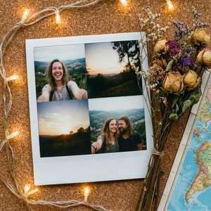 Polaroid-collage av reiser med lyslenker og blomster. — Indie-estetikk GIF Bakgrunner