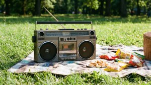 En retro boombox som nyter en solrik dag på en parkpiknik. — Musikkestetikk Bakgrunner