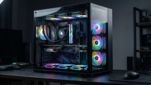En minimalistisk avansert spill-PC med lysende RGB-komponenter. — Spilling GIF Bakgrunner