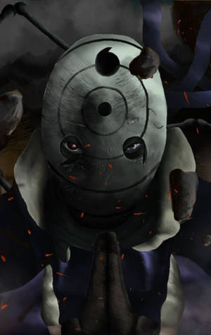 Mørkt kunstverk av Uchiha Obito i Rinne Sharingan-maske bakgrunn. — Galaxy Tab S10+ Bakgrunner