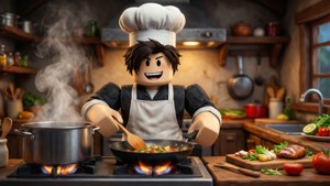 Lag et stormende kjøkken med en Roblox-kokkeavatar i et travelt kjøkken.