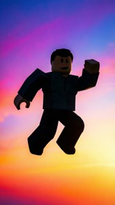 En minimalistisk silhuett av en Roblox-avatar som hopper opp i en fargerik himmel.