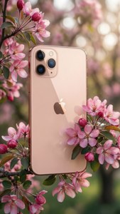 Rose gold iPhone 11 Pro Max blant rosa blomster i vårlys.