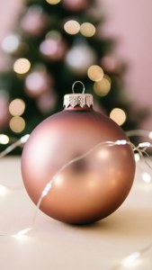 Elegant nærbilde av en rosegull julekule med bokeh-lys. — iPhone 8 Plus Bakgrunner