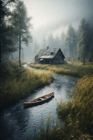 hytte,elv,kajakk,gras,siv,tåke,morgen,villmark,rustikk,fredelig,natur,koselig,4K — iPhone 4 Bakgrunner