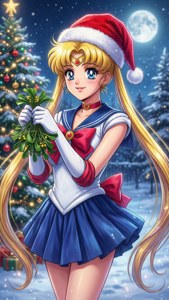 Sailor Moon med nisselue ved juletreet