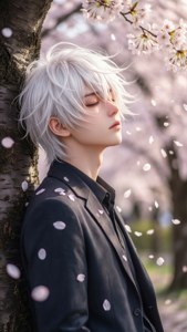 En trist anime-gutt lener seg mot et kirsebærblomsttre, kronblader faller rundt ham. — Trist anime GIF Bakgrunner