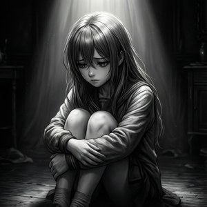 En trist anime-jente sammenkrøpet i et mørkt rom med dramatisk belysning. — Trist anime GIF Bakgrunner