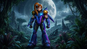 Sci-fi-scene med Samus Aran på en fremmed planet med en enorm måne. — Nintendo Bakgrunner