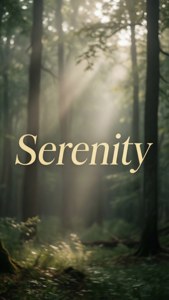Lys gull 'Serenity' over en tåkete skog med lysstråler, rolig natursstetikk. — Estetiske ord Bakgrunner