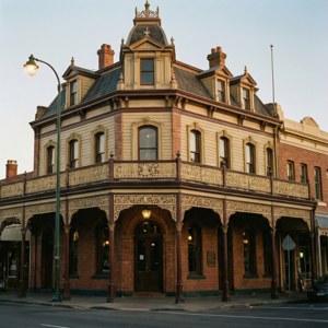 Det historiske Shamrock Hotel i Bendigo opplyst om kvelden. — Pixel Watch 4 Bakgrunner