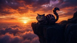 Silhuett av Cheshire-katten mot en fargerik solnedgang. — Cheshire Cat Bakgrunner