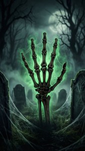 Skjeletthånd som kommer opp fra tåkete grav med grønn glød — Halloween-estetikk Bakgrunner