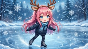 Animejente med rosa hår som går på skøyter på en frossen dam om vinteren.