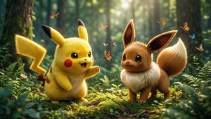 Pikachu og Eevee koser seg en leken dag i skogen. — Pikachu Bakgrunner