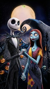 Jack og Sally poserer romantisk i Halloween-byen.