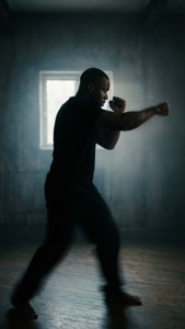 Travis Fulton som skyggebokser som en silhuett i svakt lys.