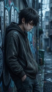 En trist animegutt i en smuget, lent mot en vegg. — Trist anime GIF Bakgrunner