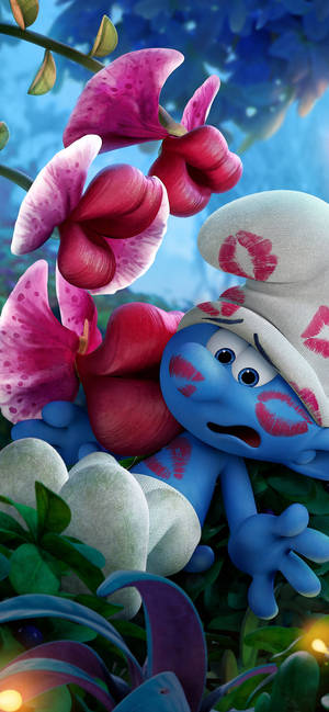 Smurfene Blomsterkyss telefonbakgrunn. — iPhone 13 Mini Bakgrunner