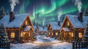 En festlig snødekt landsby med lysende vinduer under en grønn nordlyshimmel. — Grønn himmel Bakgrunner