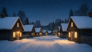 En fredelig snødekt landsby med opplyste vinduer under en stjernehimmel. — Estetisk jul Bakgrunner
