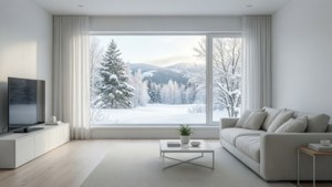 Et rolig hvitt minimalistisk oppholdsrom med snødekt utsikt, perfekt som bakgrunnsbilde for ro og harmoni. — Hvit estetikk Bakgrunner