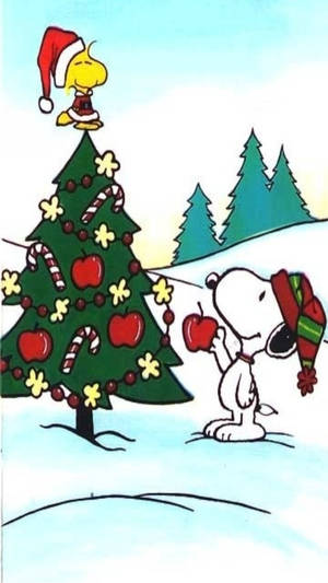 Bakgrunnsbilde med Snoopy juletre og epler — Snoopy jul Bakgrunner