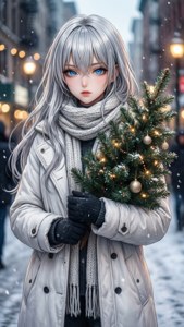 Anime-jente med sølvfarget hår som holder juletre i byen