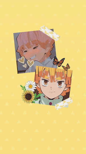 Søt Demon Slayer-karakter Zenitsu Gul Estetisk Collage — Rui Demon Slayer Bakgrunner
