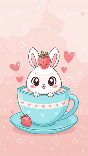 SøtKanin,Tekopp,Jordbær,Kawaii,Søt,Rosa,Tegneserie,Hjerter,Søt,Lekende