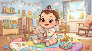 baby, barnerom, tegneserie, illustrasjon, barn, rom, interiør, søt, leker, spedbarn, småbarn, lekerom, pastell, karakter, utstoppet dyr, elefant, sprinkelseng, klosser, design, bakgrunn