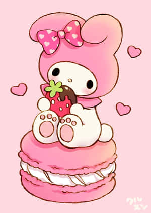 Søt My Melody som spiser jordbær på makron — Sanrio GIF Bakgrunner