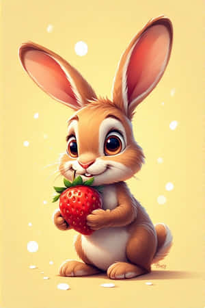 søt kanin, tegneseriekanin, jordbær, pastellgul, prikker, kawaii, bedårende, digital kunst, 4K — Kawaii Bakgrunner