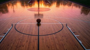 Fantastisk panoramautsikt over en basketballbane badet i solnedgangsfarger. — Basketball GIF Bakgrunner