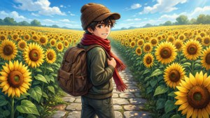 Animegutt som går gjennom solsikker på en lys dag — Anime barn Bakgrunner