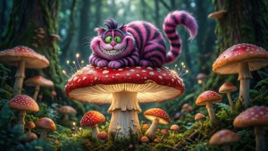 Cheshire-katten på en kjempesopp i en fortryllet skog. — Cheshire Cat Bakgrunner