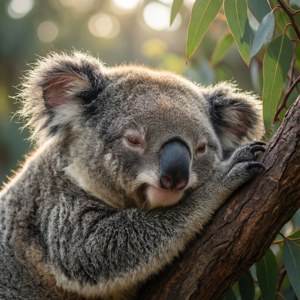 Et bedårende nærbilde av en sovende koala ved Taronga Zoo Sydney i mykt morgenlys. — Pixel Watch 3 Bakgrunner