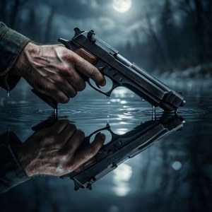 Symmetrisk speilbilde av en hånd som holder en pistol i vann. — Motorola Razr 2026 Bakgrunner