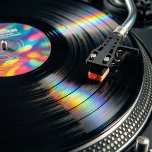 Et makrobilde av en vinylplate med fargerike lysrefleksjoner. — Musikkestetikk Bakgrunner