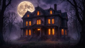 Uhyggelig spøkelseshus under fullmåne med tåke og nakne trær — Halloween-estetikk Bakgrunner