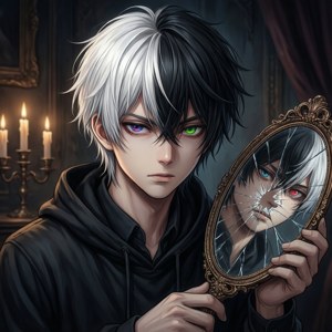 Edgy anime-gutt med todelt hår og knust speil.