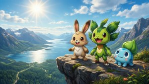 De tre Galar-startpokémonene ser ut over regionen i et solrikt landskap